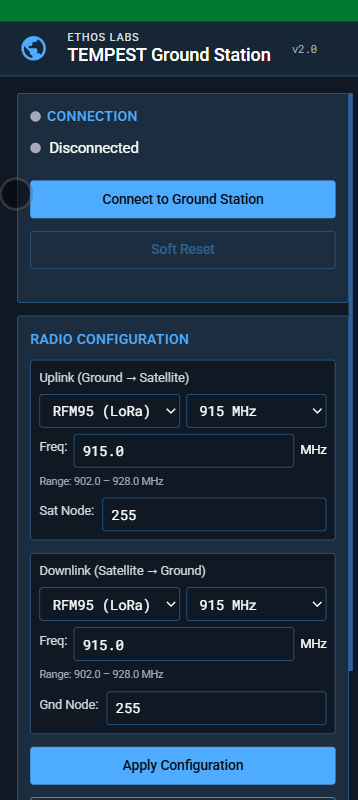 Left column - connection and radio panels