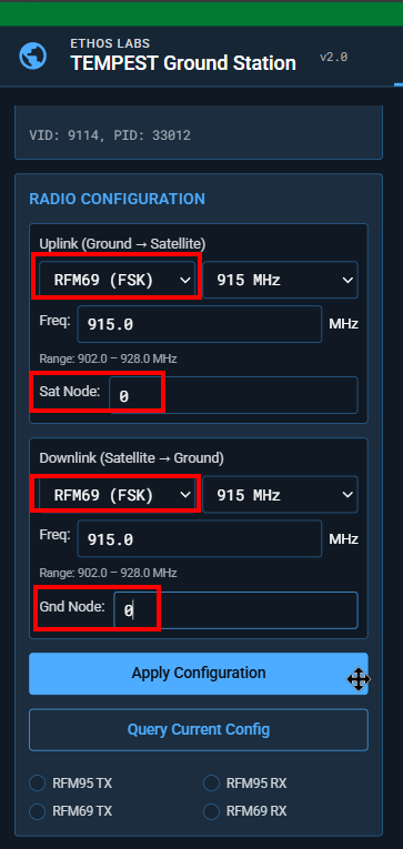 Radio configuration panel